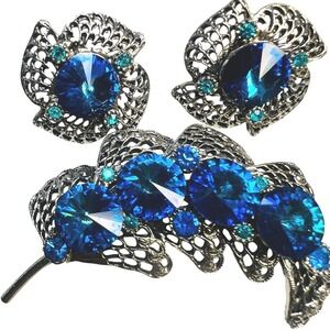 Vintage Demi Parure Rivoli Rhinestone Brooch‎ Stud Earring Set Royal Blue Green